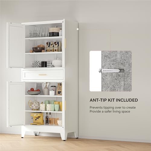 YAUWOH 71''Tall Kitchen Pantry Cabinet with Drawer,6-Tiers Metal Pantry Storage Cabinet with 4 Adjustable Shelves and 4 Barn Doors, Freestanding Farmhouse Food Cupboard for Dining Room (1PC,White) - Image 5