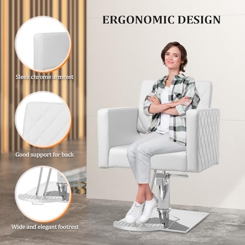 Bonnlo Salon Chair for Hair Stylist Wide Seat, Hydraulic Barber Chair with Aluminium Alloy Footrest, White Hair Salon Chair Styling Heavy Duty, Beauty Spa Cosmetology Shampoo Hairdressing Equipment - Image 4
