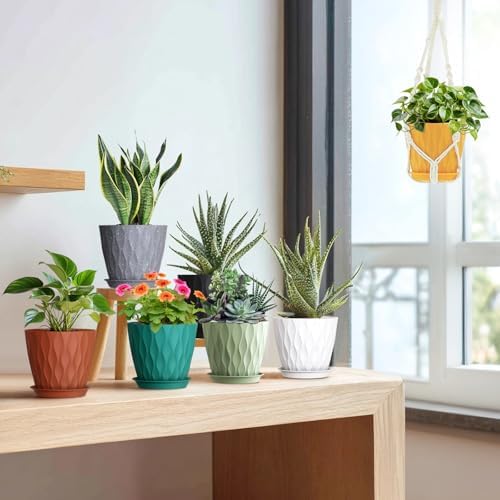 Meowell 7 inch Plant Pots for Indoor Outdoor Plants, 5 Pack Thick Flower Pots with Drainage Holes and Saucers, 3D Modern Wave Texture Plastic Planter Pots for Nursery and House Plants, Blue Green - Image 5