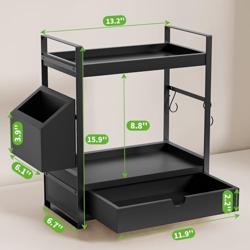 2-Tier Bathroom Counter Organizer, Wooden Vanity Shelf with Drawer & Basket - Image 2