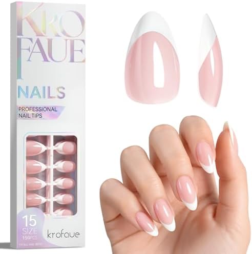 Krofaue French Tip Short Almond Nail Tips Glossy by krofaue