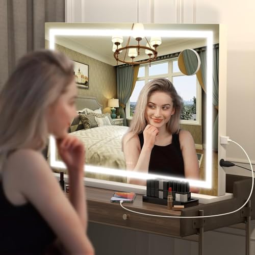 Hasipu Vanity Mirror with Lights, 32" x 24" LED Makeup Mirror, Lighted Makeup Mirror with Dimmable 3 Modes, Touch Screen Control Vanity Mirror Square White - Image 6