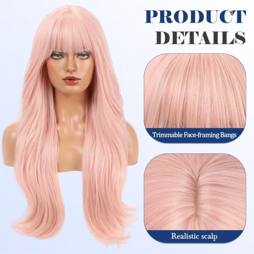 HAIRCUBE Long Baby Pink Highlights Wig with Bangs Layered Curly Wigs for Women Natural Synthetic Wigs for Daily Use (pelucas de cabello natural) - Image 2