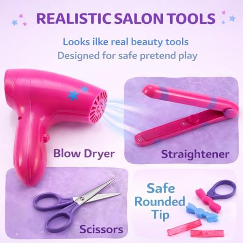 Beauty Hair Stylist Set - Boutique Beauty Salon Fashion Pretend Play Set for Girls with Toy Blow Dryer, Curler, Scissors, Comb, Mirror & Other Styling Tools - Image 5