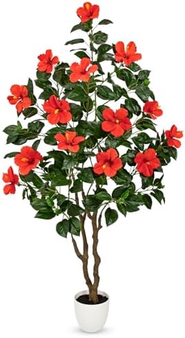 Briful Artificial Hibiscus Tree 5.25ft Tall Real Touch Fake Tree with Red Flowers Potted Faux Plant Indoor Realistic Floor Plants for Front Porch Outdoor Home, Patio Decor by Briful