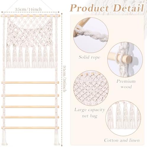 SNOWSTAR Macrame Hair Claw Clip Organizer,Large Capacity Mesh Bag Scrunchies Holder and Hair Ties Organizer for Women Girls,Hair Accessorie Hanging Storage Home Decor Wall,Door - Image 2