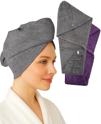 Textila 100% Cotton Hair Wrap Towels for Women (Pack of 2, Plum & Grey) – Soft & Absorbent Turban Towels for Long, Curly, Frizz-Prone Hair by TEXTILA