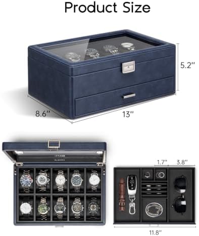 VLANDO Watch Box 10 Slots, Lockable Watch Case with Textured Leather, 2 Layer Watch Holder for Rings, Glasses, Mens Jewelry Box with Glass Lid, Removable Divider, Gifts for Father, Husband, Blue - Image 3