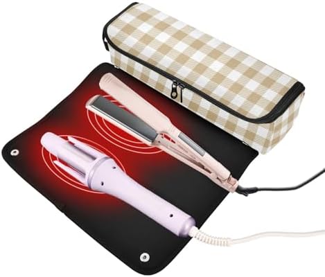 Khaki Buffalo Plaid Check Hair Tools Travel Bag Carrying Case Portable Travel Organizer Pouch with Heat Resistant Mat for Flat Irons Curling Iron Hair Dryer - Image 2