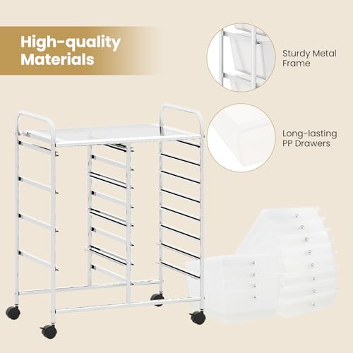Giantex 12 Drawer Rolling Cart with Drawers, Storage Organizer Cart for Classroom Office School Teacher, Mobile Drawer Cart for Tools, Crafts, Small Printer, Clear - Image 7