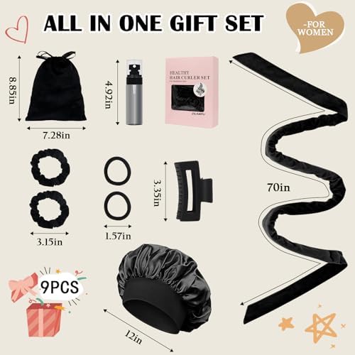 ZILAMPU No Heat Overnight Hair Curlers for Women - 70" Soft Headband Wrap with 9 Hair Rollers for Long Wavy Curls, Gift Set - Black - Image 6