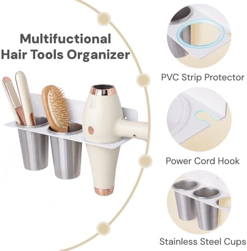 Hair Tool Organizer Wall Mount, Aluminum Alloy Curling Iron Holder Wall Mount, Hair Dryer and Straightener Holder with 2 Stainless Steel Cups 3-in-1 Storage for Bathroom Vanity Salon White PTALSEAW - Image 3