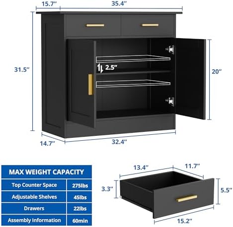 Buffet Cabinet with Storage - Buffets & Sideboards Kitchen Storage Cabinet, Wood Console Table Coffee Bar Accent Cabinets for Living Room Dining Room Entryway Small 2 Doors & Drawers, Black 35.4"W - Image 3