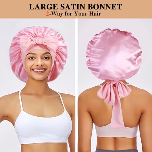 2+3 Large Satin Bonnets with Scrunchies for Women, Hair Bonnet Sleeping Tie Bonnet for Braids Curly Hair - Image 3