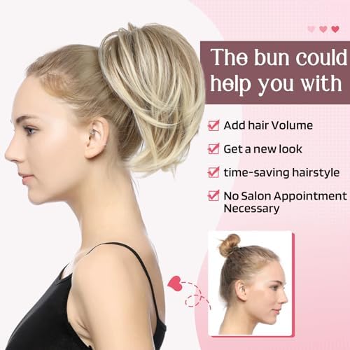 HOOJIH Ponytail Extension, Claw Clip in Straight Hair Bun Messy Bun 9 Inch Short Ponytail Extension with Bendable Metal Wire Hair Pieces for Women Fake Hair Bun - Blonde with White Highlights - Image 3