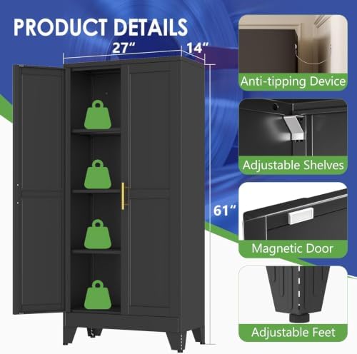 61" Metal Garage Storage Cabinet with 2 Doors and 3 Adjustable Shelves,Metal Storage Cabinets,Steel Tool Cabinets for Home,Office,Garage,Warehouse (Black, 61''H x 27''W x 14''D) - Image 3