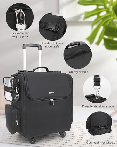 Relavel Rolling Makeup Train Case, Professional Hairstylist Traveling Bag with 4 Wheels & 2 Pouches, Adjustable Dividers, Heat Insulation Full Layer, Portable Cosmetics Storage Organizer Suitcase - Image 6