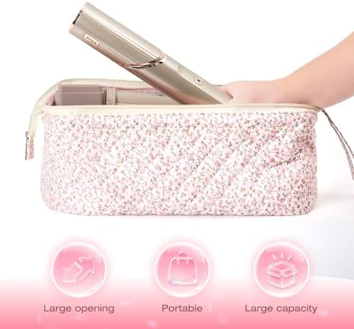 Quilted Hair Tool Travel Bag, Shark Flex Style Travel Case For Dyson Hair Dryer Airwrap Bag, Curling Iron Bags Quilted For Shark Dyson Revlon Organizer Accessories - Pink Floral - Image 6