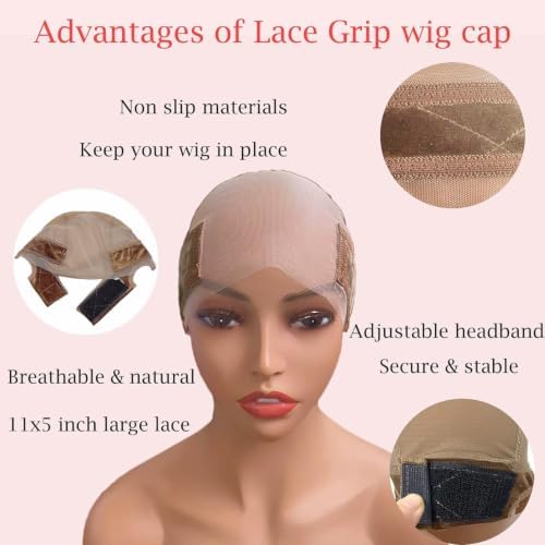 Lace Wig Grip Cap for Glueless Wig 11x5 Large Lace Reusable Wig Cap, Grip Cap for Lace Frontal Wigs to Keep Wigs in Place, Adjustable Wig Cap with Non Slip Grip Band for Women (Light Brown) - Image 2