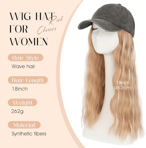 Rich Choices Hat Wigs for Women,Dark Gray Baseball Cap with Hair Extensions for Women,Caps with Wavy Curly Long Hair Attached Adjustable Baseball Cap Wig 18 Inch Highlighted Honey Blonde Hair - Image 2