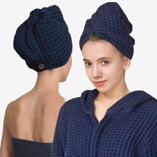 Luxury Organic Japanese Cotton Hair Drying Waffle Towel Wrap for Women | Absorbent, Quick-Dry Head Turban for Shower, Sauna, Spa | Extra Large for Long, Curly, Straight Hair With Button (Blue, 1 Pc) by KOSMU