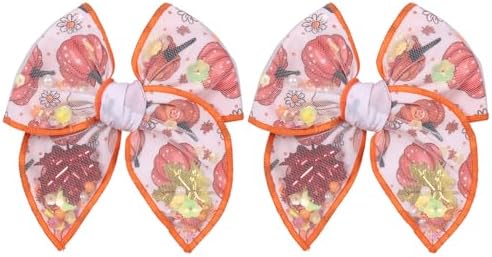 Fall Thanksgiving Mesh Tulle Hair Bows for Girls, 2Pcs 4" Pumpkin Maple Leaf Shaker Bow Alligator Clips, Glitter Halloween Fable Barrettes for Women Teens Kids Outfit Accessories by Miroksh