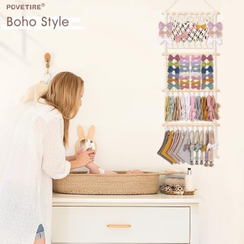 POVETIRE Headband Holder Hair Bow Organizer for Girls,Macrame Bow Holder Hair Accessories Organizer Storage Large Capacity Wall Hanging for Toddler Girl Nursery Room Decor - Image 6