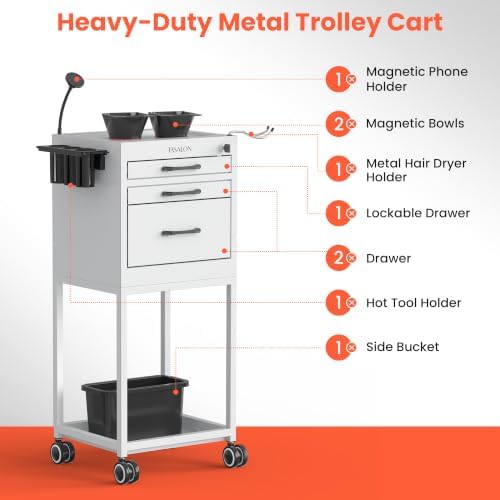 TASALON Salon Trolley Cart with Wheels, Lockable Metal Rolling Cart with Drawers, Magnetic Bowls & Phone Holder, Mobile Storage Organizer for Hair Stylist, Barber & Tattoo Supplies, White - Image 5