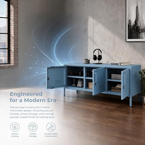 Blue Industrial Metal TV Stand with Lockable Storage Cabinet, Wide 3-Door Media Console, Adjustable Shelves, Multipurpose Accent Cabinet for Living Room Bedroom Home Office - Image 3