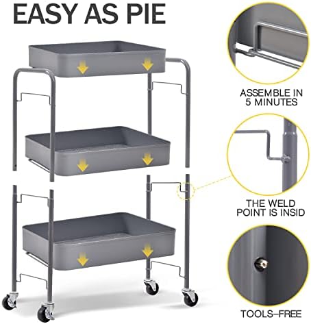 TOOLF 3 Tier Metal Rolling Cart, Utility Storage Cart with Wheels, Grey - Image 5