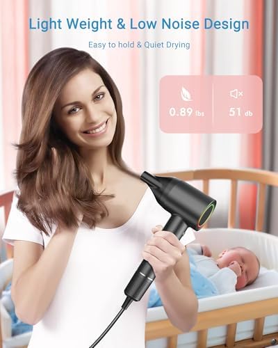 Hair Dryer, 160000 RPM Professional High Speed Ionic Blow Dryer • 500 Million Negative Ions • Intelligent Heat Control & Rapid Drying Speeds • Lightweight • Low Noise, Magnetic Diffuser & Nozzle - Image 6