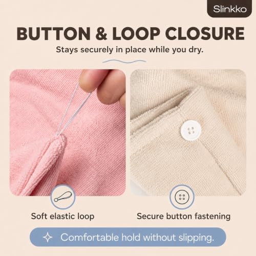 Microfiber Hair Towel Wrap for Women – Ultra Absorbent Quick Dry Turban | Button & Loop Design | Soft Lightweight Fabric | Reduces Frizz & Breakage | All Hair Types | Pink & Beige - Image 6