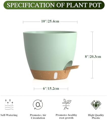 Self Watering Pots with Drainage Holes, 2 Pack 10 Inch Plant Pots with Water Level Indicator Deep Reservoir, Large Plastic Planter for Indoor Outdoor Plants - Green - Image 2