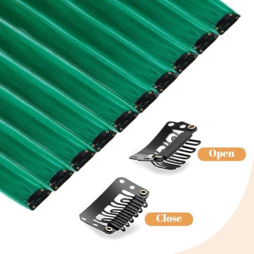 Green Colored Clip in Hair Extensions, Synthetic Hair for Girls - Image 5