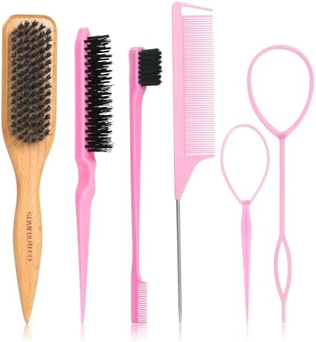 SAMEBUTECO 6pc Slick Back Hair Brush Set, Boar Bristle Wood Handle, 2 Topsy Tails, Edge Comb, Teasing Tool & Fine Tooth Pin Tail Comb for Sleek Ponytail, Braid Styling, Flyaways Control - Pink by HOME
