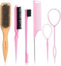 SAMEBUTECO 6pc Slick Back Hair Brush Set, Boar Bristle Wood Handle, 2 Topsy Tails, Edge Comb, Teasing Tool & Fine Tooth Pin Tail Comb for Sleek Ponytail, Braid Styling, Flyaways Control - Pink by HOME