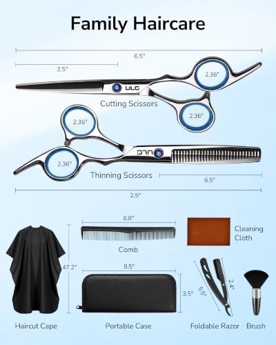 ULG Hair Cutting Scissors Thinning Shears Kit 8 PCS Home with Barber Razor - Image 2