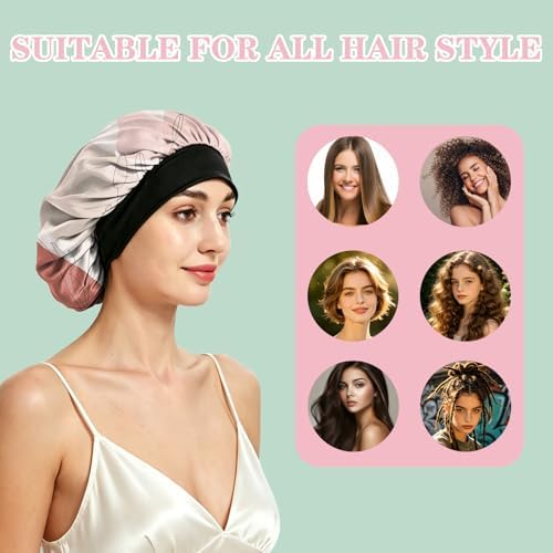 Satin Hair Braid Bonnet for Sleeping Double Layer Tie Band Elastic Wide Soft Silk Lined Nightcap Women Girls Cute - Image 4