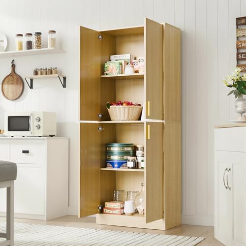 Cozy Castle Kitchen Pantry Cabinet, 71" Tall Wood Cupboard with Doors and Adjustable Shelves, Freestanding Food Storage Organizer for Dining Room, Kitchen, Living Room, Oak - Image 3