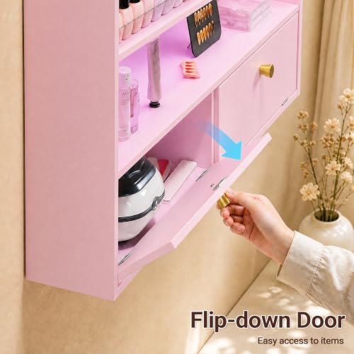 Wood Nail Polish Rack with Cabinet, 5-Tier Nail Polish Display Shelf, Pink - Image 5