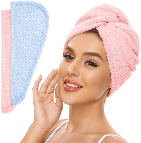 SimpleField 2 Pack Microfiber Hair Towel Wrap for Women, Anti Frizz Quick Drying Hair Turban for All Hair Style, Absorbent and Lightweight (Blue+Pink) by SimpleField