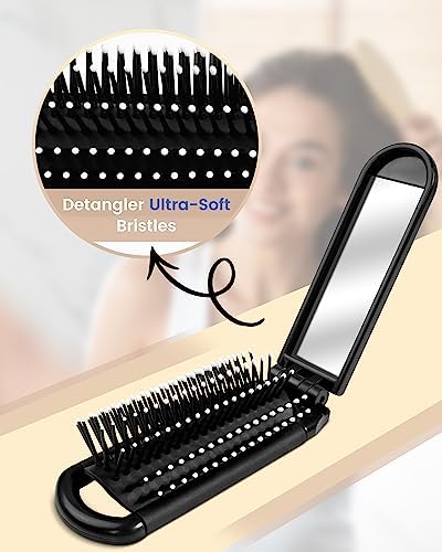 6 PCS Folding Travel Hairbrush Set with Compact Mirror for Women - Mini Pocket Brush with Mirror for Purse and Girls - Image 5