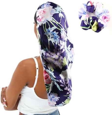 Extra Long Satin Bonnet for Women Sleeping, Silky Elastic Sleep Cap with Tie Band, Double-Layer Long Hair Bonnet for Braids/Curly/Long Hair (Purple Floral) by senthair