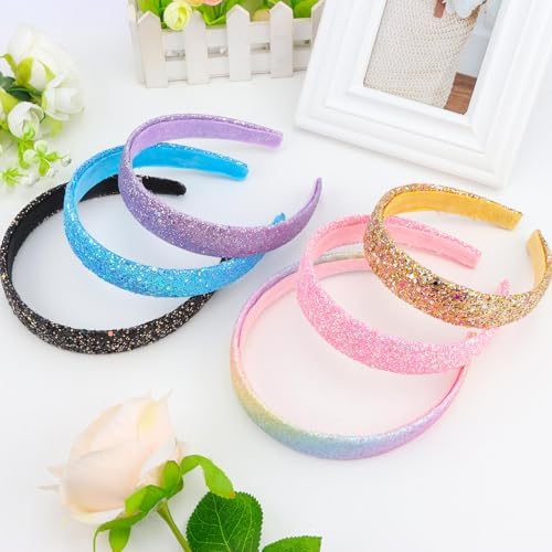 6Pcs Headbands for girls Women Glitter Rainbow Headband Women Girls Sparkly Headband Gold Pink Blue Purple Hairband for Girls Hair Accessories for Party Holiday Back to School - Image 3