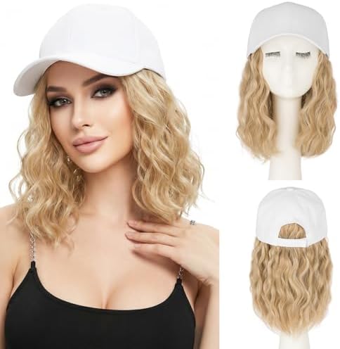 SEGO Baseball Cap with Hair Extensions for Women Synthetic Hair Attached Long Curly Hairpiece White Baseball Cap Wig Adjustable Hat Wigs for Women 8 Inch 24P613 Neutral Blonde Mix Bleach Blonde by SEGO