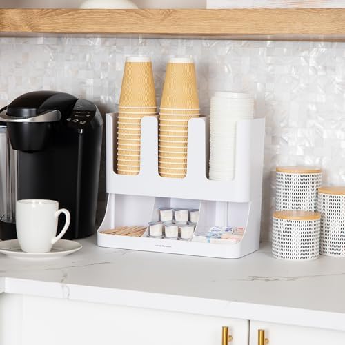 Mind Reader Cup and Condiment Station, Inch Countertop Coffee Bar Organizer with Compartments,Storage Caddy for Cups, Lids & Packets, Plastic,White, 6-Compartment,13" L x 6.4" W x 11.5" H (Pack of 4) - Image 2