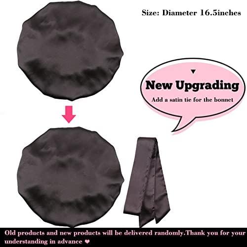 Large Round Satin Bonnet Sleep Cap for Women, Double-Layer Silky Hair Bonnet with Tie Band for Braids/Curly/Long Hair - Black - Image 2
