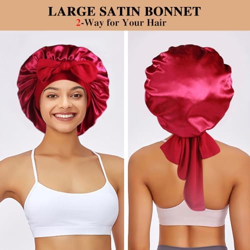 2+3 Large Satin Bonnets with Scrunchies for Women, Hair Bonnet Sleeping Tie Bonnet for Braids Curly Hair - Image 3