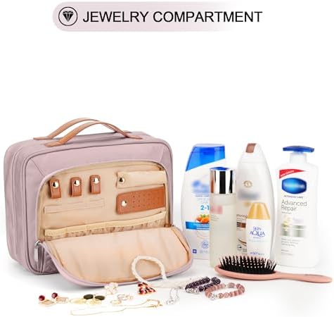 Travel Hanging Toiletry Bag for Women, with Jewelry Organizer Compartment, Medium Waterproof Hanging Makeup Accessories, Cosmetic Essentials, Toiletries Dopp Kit Set with Trolley Belt, Baby Pink - Image 3