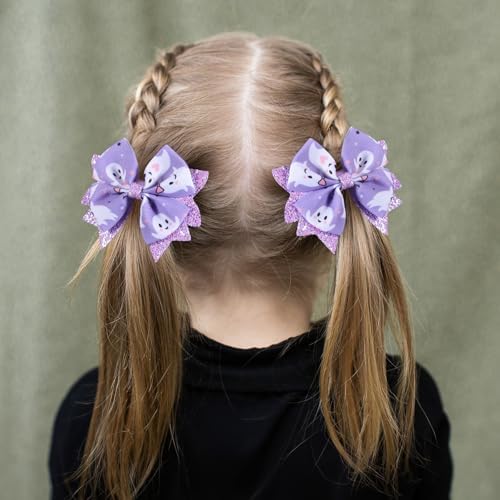 Glitter Halloween Hair Bows for Girls,2 Pack 3.5in Purple Ghost Print Grosgrain Ribbon Bow Clips Alligator Pins for Toddler Kids Teens Women Trick or Treat Gift Party Wear Dress Accessory - Image 4